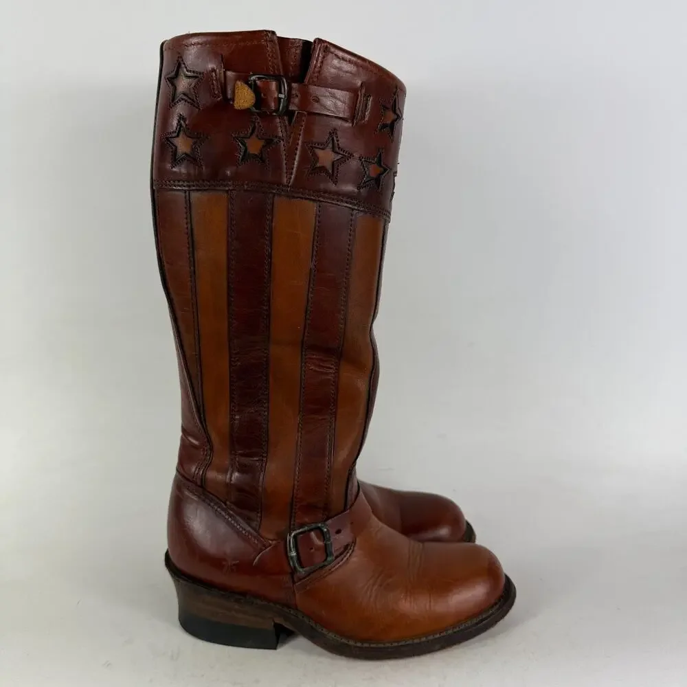Frye Harness Americana Boots Women's 6 Brown Leather Stars & Strips Knee High